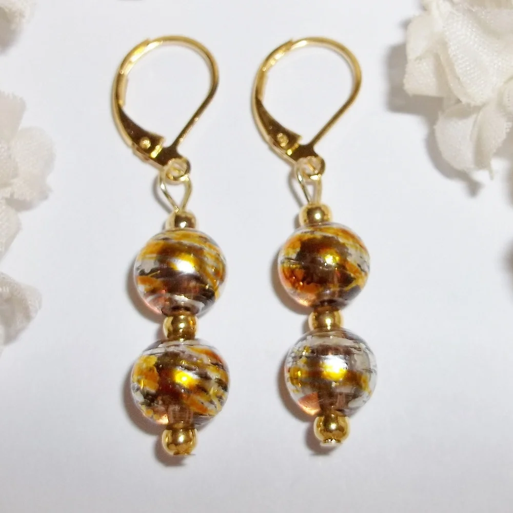 Brown Silver Gold Beaded Earring Dangle Set Fashion Accessory Jewelry Pair 4260